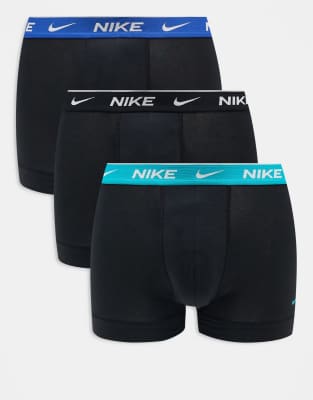 Nike Nike Everyday Cotton Stretch 3 pack trunk with coloured waistband in pastel blue/black/blue