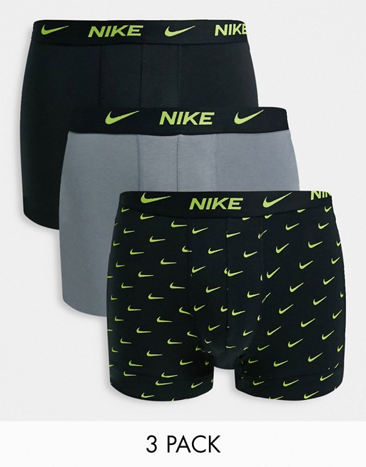 Nike Everyday Cotton Stretch 3 pack trunks in black/grey/black