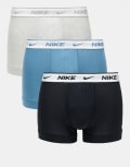 [Nike] Nike Everyday Cotton Stretch 3 pack trunks in blue/black/grey with white waistbands-Multi XS BLK/ GRY H/ SMOKEY