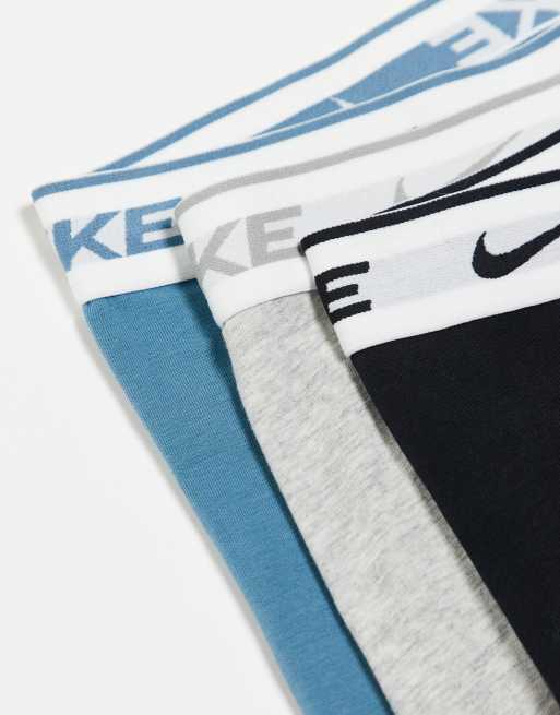 Nike Everyday Cotton Stretch 3 pack trunks in blue/black/grey with white waistbands, 3 of 3