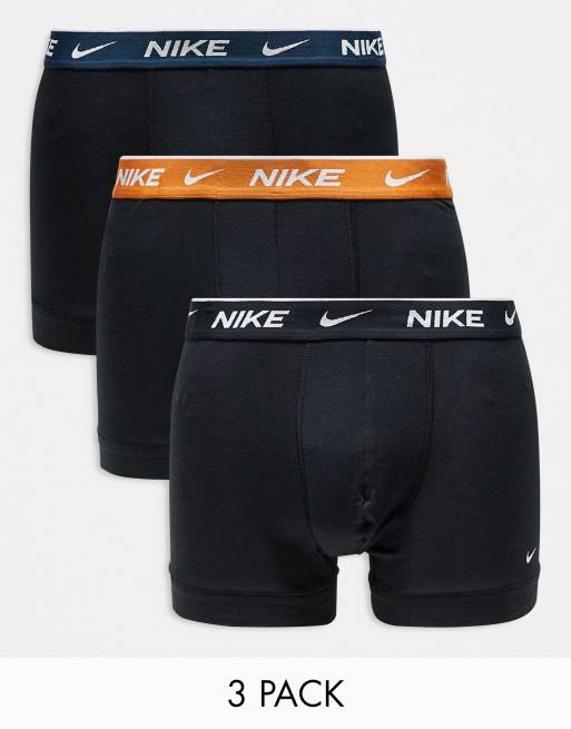 Nike Everyday Cotton Stretch 3 pack trunks with coloured waistband in blue/gold/black
