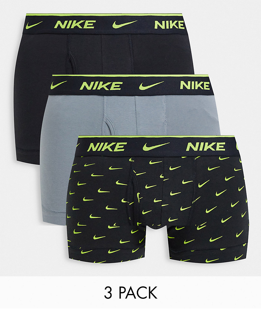 Nike Everyday Cotton Stretch 3 pack trunks with fly in black/gray/black-Multi