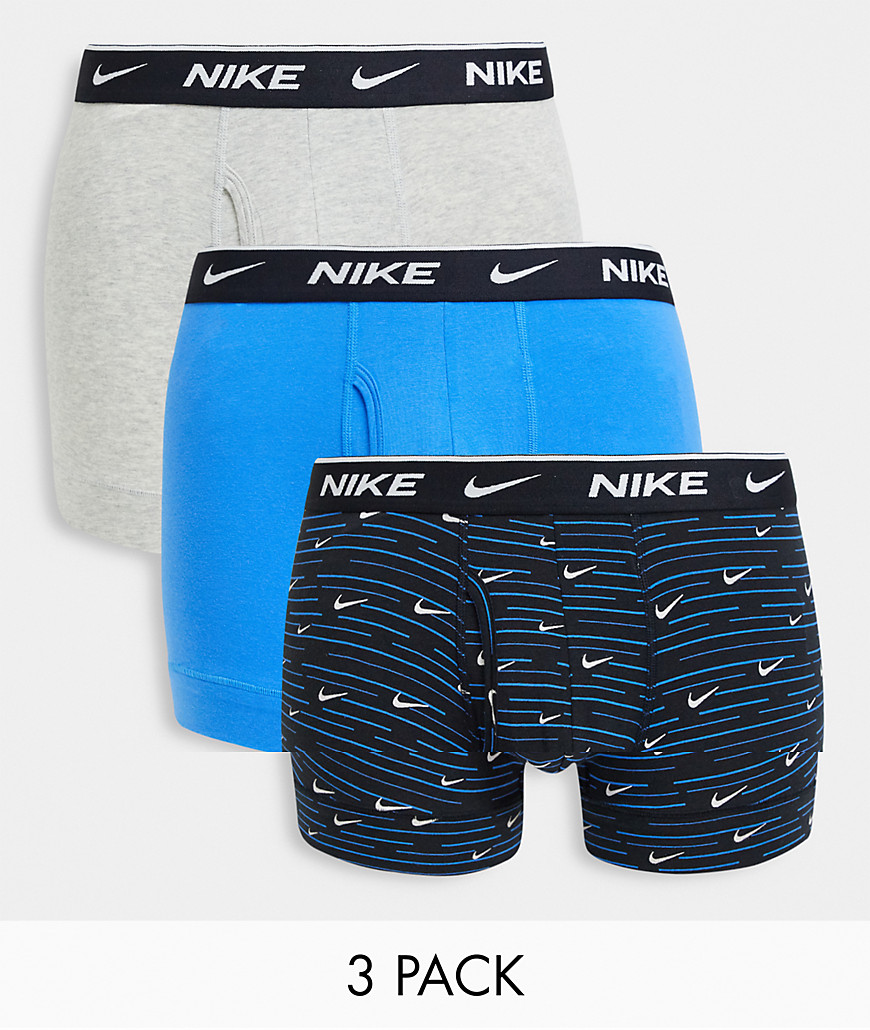 Nike Everyday Cotton Stretch 3 pack trunks with fly in navy/blue/gray-Multi
