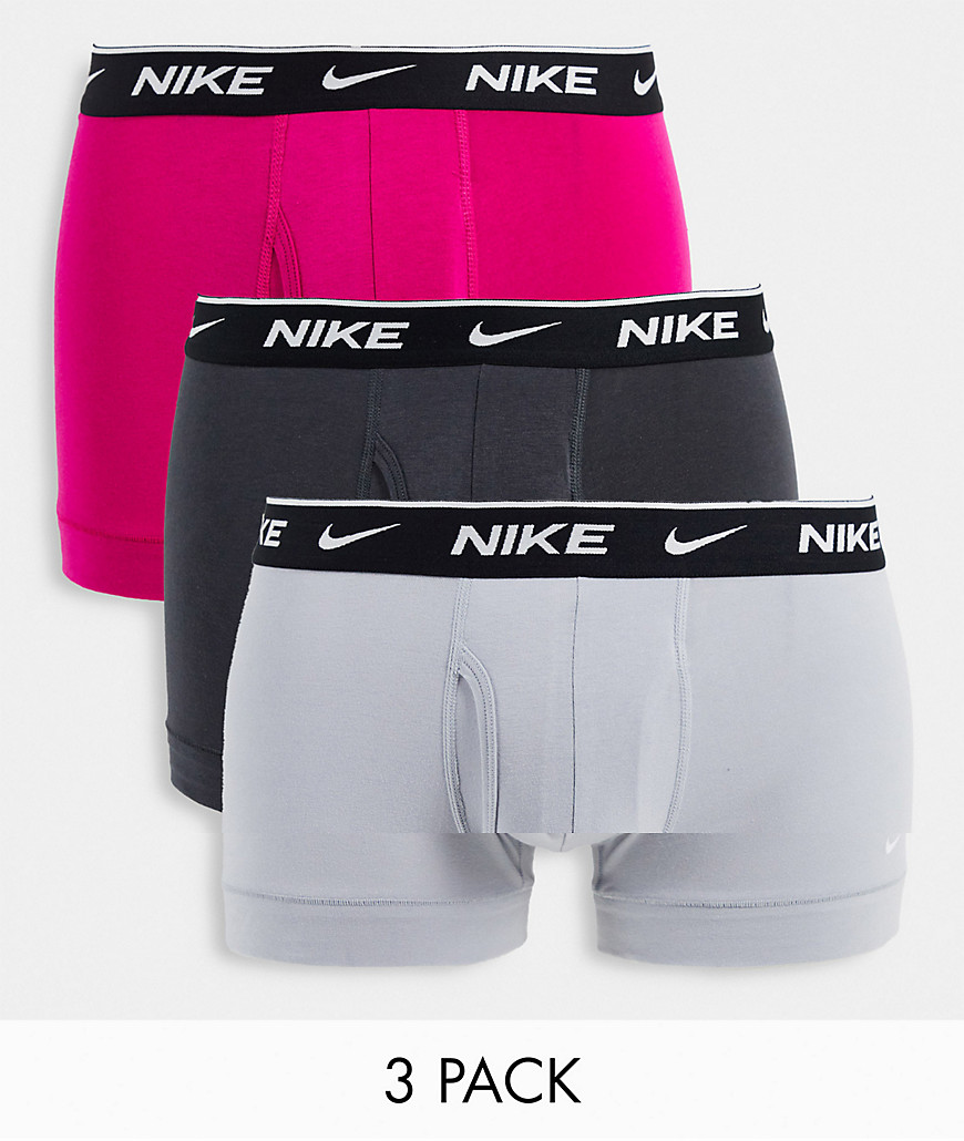 Nike Everyday Cotton Stretch 3 pack trunks with fly in pink/green/gray-Multi