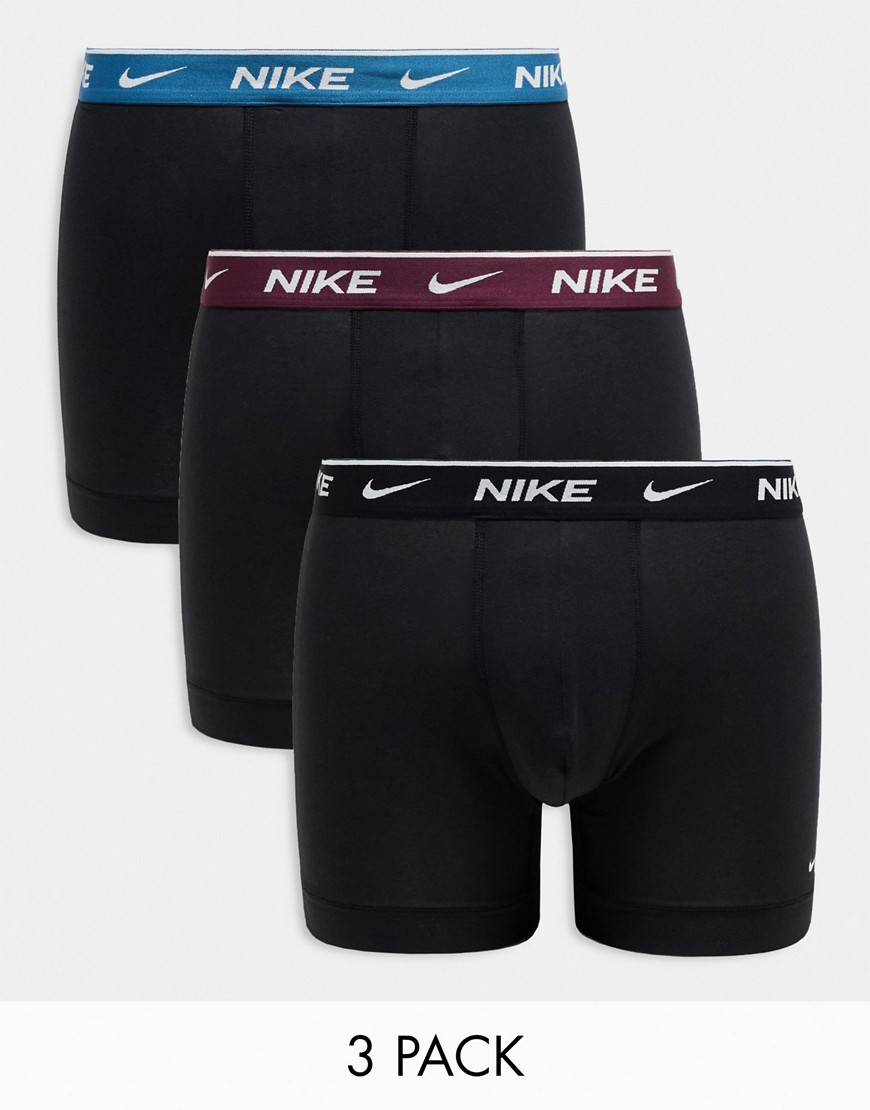 Nike Everyday Cotton Stretch briefs 3 pack in black with black/blue/bordeux waistband