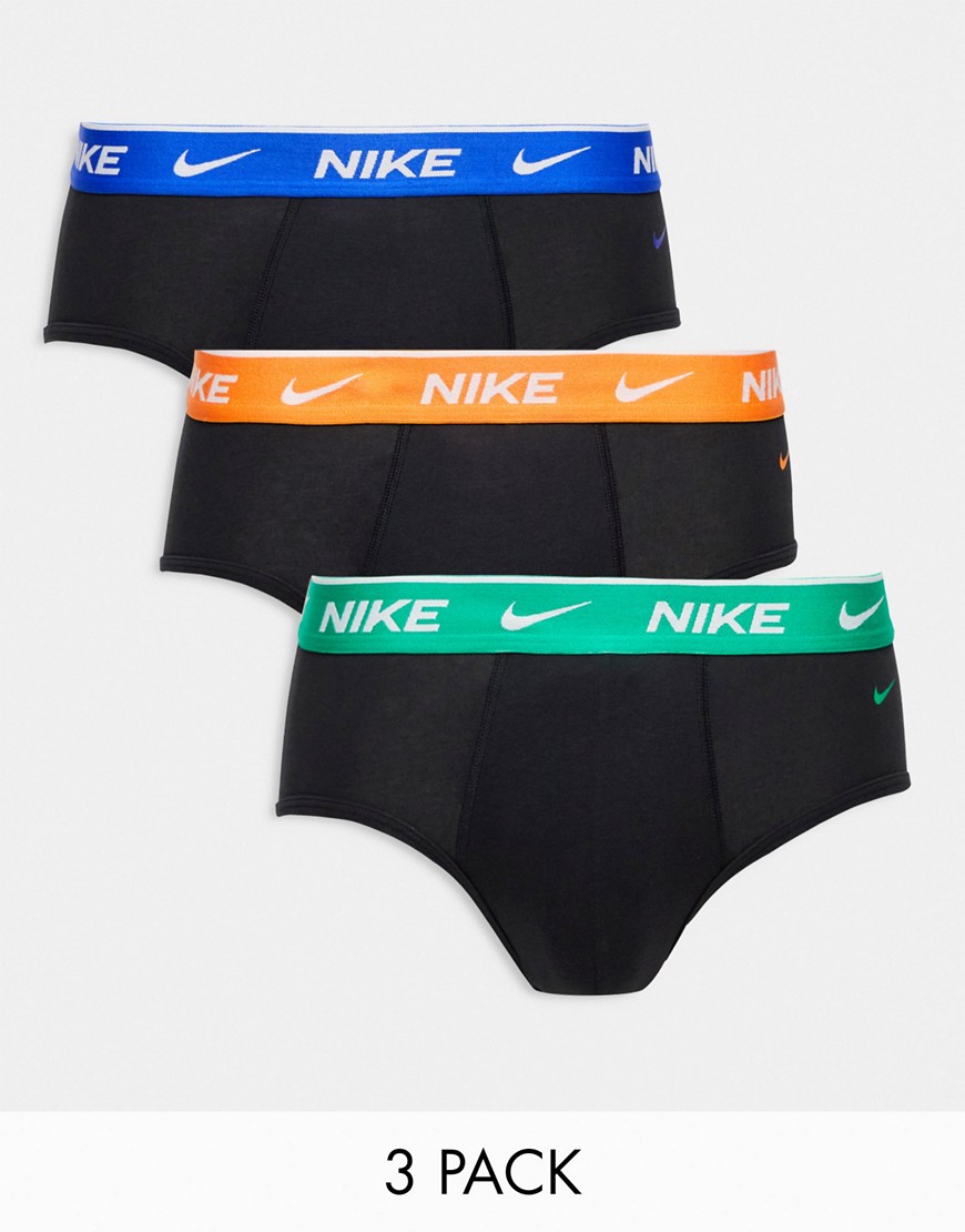 Nike Everyday Cotton Stretch hip briefs 3 pack in black with blue/orange/green waistband