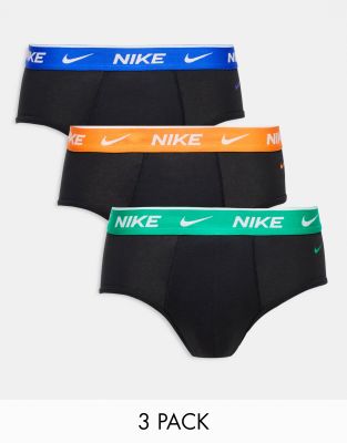 Nike Everyday Cotton Stretch hip briefs 3 pack in black with blue/orange/ green waistband