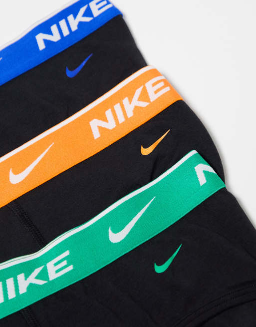 Nike Everyday Cotton Stretch hip briefs 3 pack in black with blue/orange/green waistband, 4 of 4