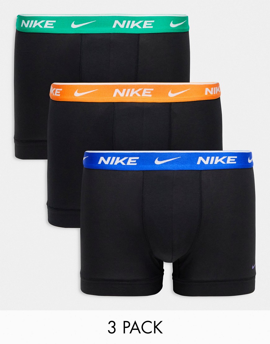 Nike Everyday Cotton Stretch trunks 3 pack in black with blue/orange/green waistband
