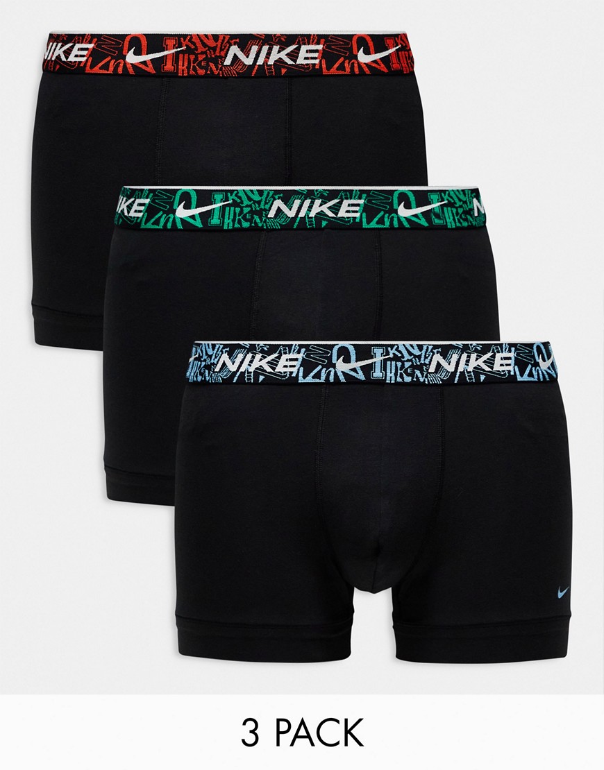 Nike Everyday Cotton Stretch trunks 3 pack in black with graffiti wasitband