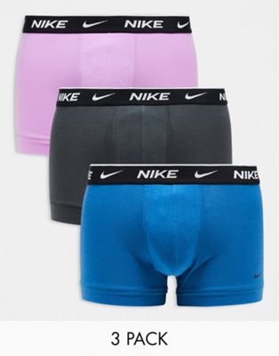 Nike Everyday Cotton Stretch trunks 3 pack in charcoa/blue/pink