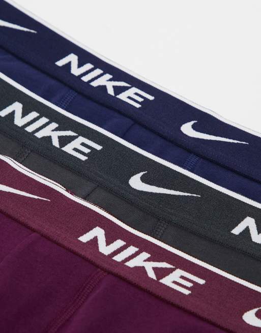Nike Everyday Cotton Stretch trunks 3 pack in navy/bordeux/charcoal, 3 of 4