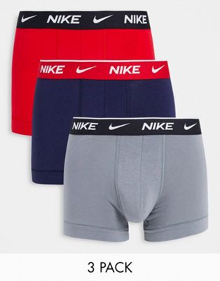 Nike Everyday Cotton Stretch trunks 3 pack in red/navy/grey-Multi