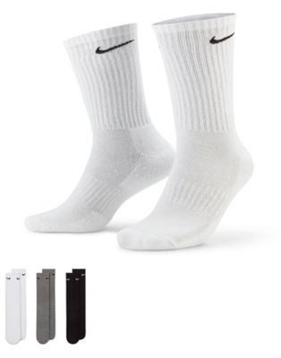 Nike Training Everyday Cushioned 3 pack crew sock in white, grey and black