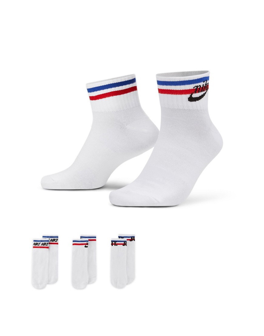 Nike Everyday Essential 3 pack ankle socks in white, blue, and red