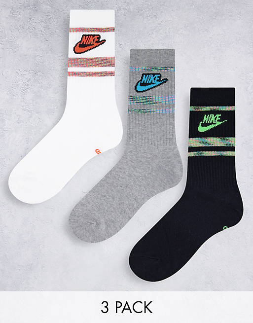Nike Everyday Essential 3 pack socks in black/grey/white with coloured logo