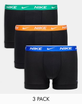 Nike Everyday Cotton Stretch trunks 3 pack in black with blue/orange/green waistband - ASOS Price Checker