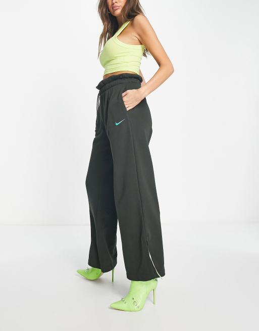 Nike mini swoosh high waisted wide leg joggers in black, ASOS