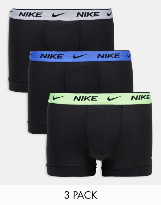 Nike – Everyday – Zestaw 3 par czarnych bokserek z bawełny ze stretchem z taśmą w talii w kolorach szarym, jaskrawozielonym i niebieskim