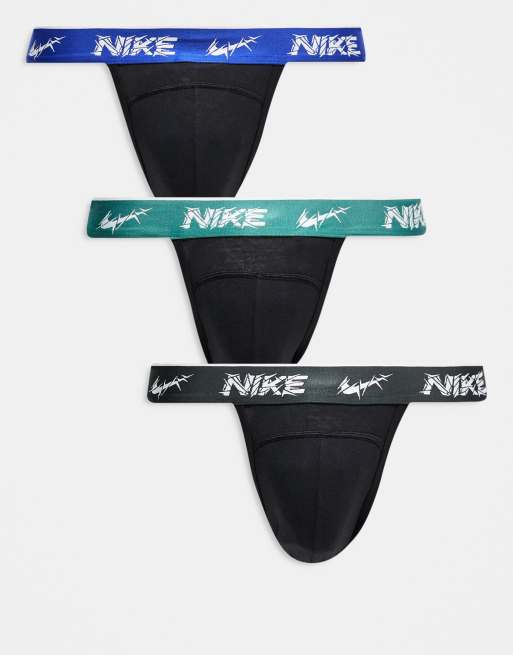 Nike – Everyday – Zestaw 3 par czarnych slipów typu jockstrap z taśmą w talii w kolorach szarym, niebieskim i zielonym 