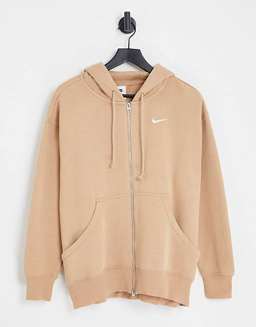 Nike - Felpa con cappuccio oversize con zip marrone canapa con logo piccolo