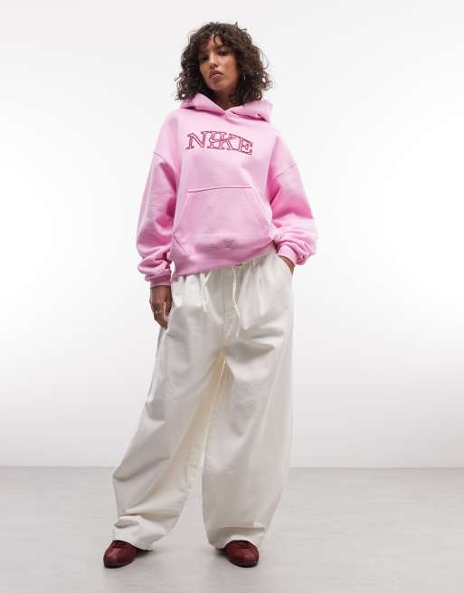 Nike felpa oversize varsity grafica in fleece di peso medio rosa, 3 di 4