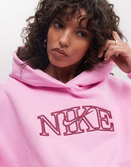 Nike felpa oversize varsity grafica in fleece di peso medio rosa, 4 di 4