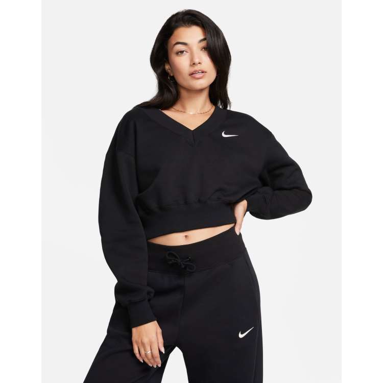 Nike Felpa taglio corto nera con logo piccolo e scollo a V