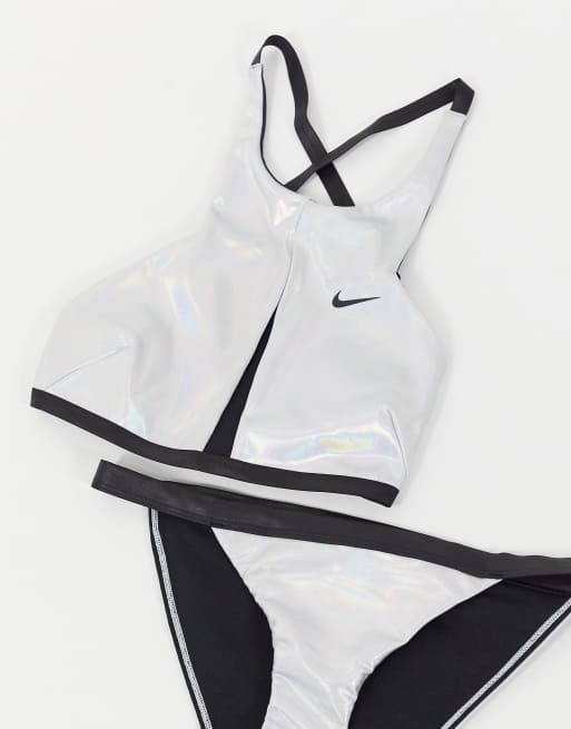 Nike flash reversible crossback bikini top in iridescent silver