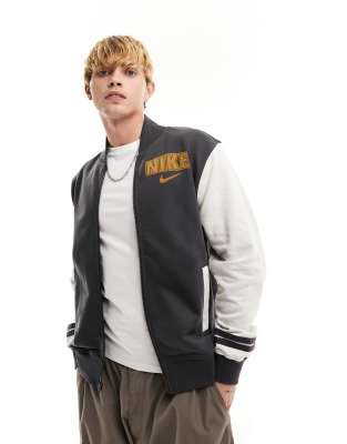 Nike fleece varsity jacket in dark smoke grey | ASOS