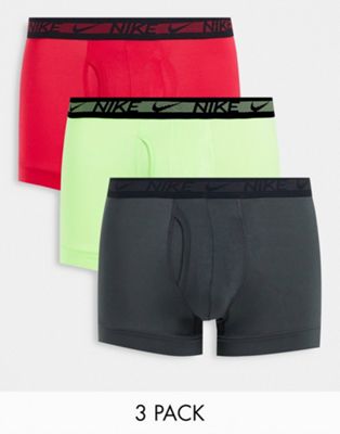 Nike - Flex - Lot de 3 boxers en microfibre - Gris/vert citron/rouge