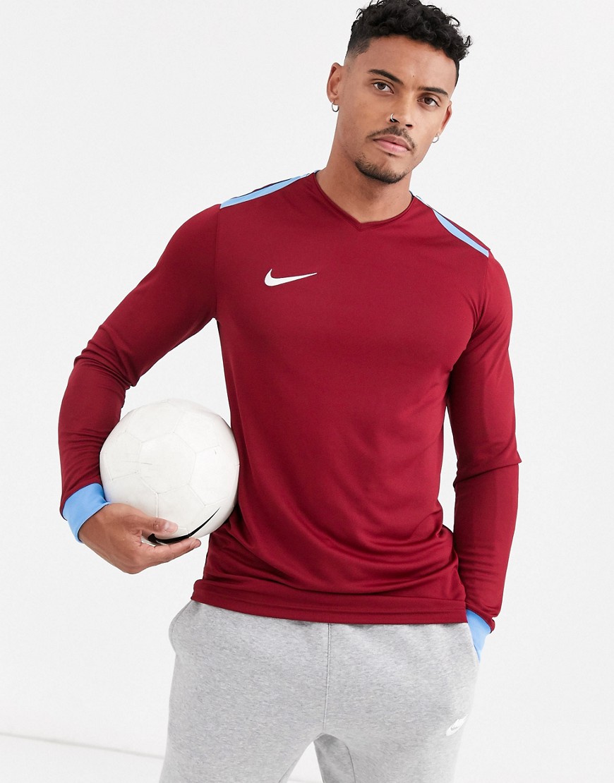 Nike Football - T-shirt a maniche lunghe bordeaux con pannello a contrasto e polsini-Rosso