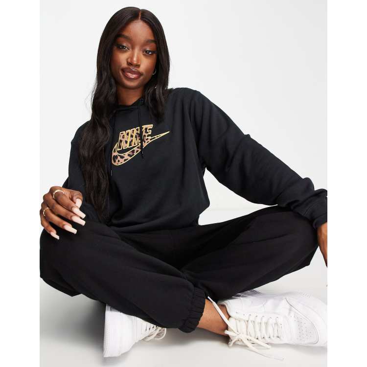 Nike Futura Kapuzenpullover in Schwarz mit Swoosh Logo und Leopardenmuster ASOS