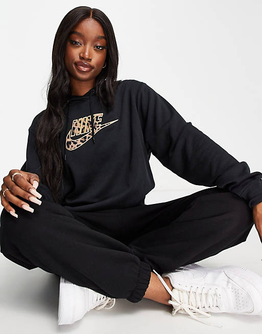 Women Nike Futura pullover hoodie in black with leopard print swoosh 