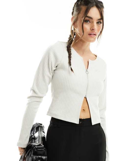 Nike - Geribbelde top met lange mouwen en rits in orewood wit 