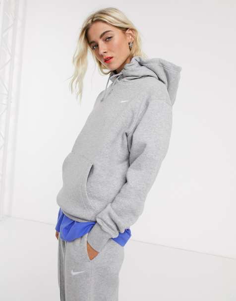 Nike – Grauer Oversize-Kapuzenpullover mit kleinem Swoosh-Logo