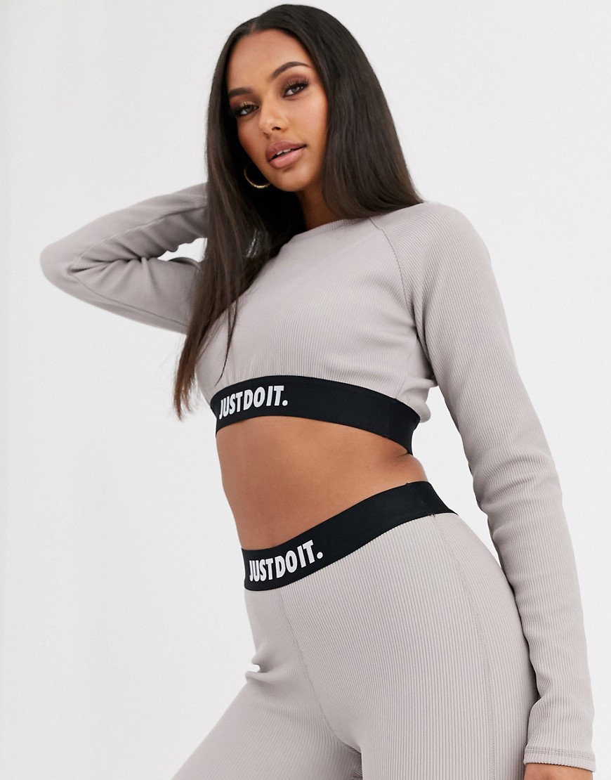 Nike grey ribbed Just Do It long sleeve crop top