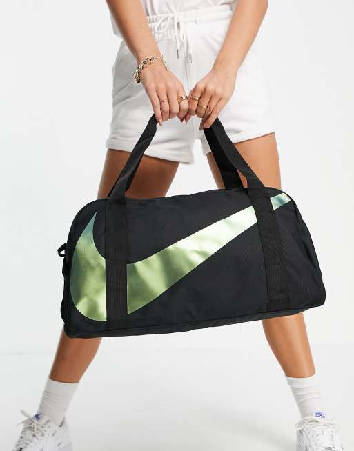 Nike gym barrel bag in black with irridescent swoosh