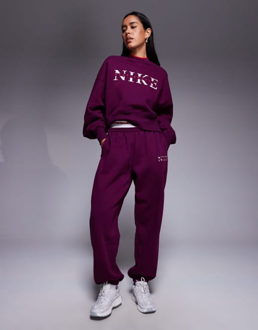 Nike Gym Life Swoosh oversized joggers with boxer detail in burgundy, 2 of 5