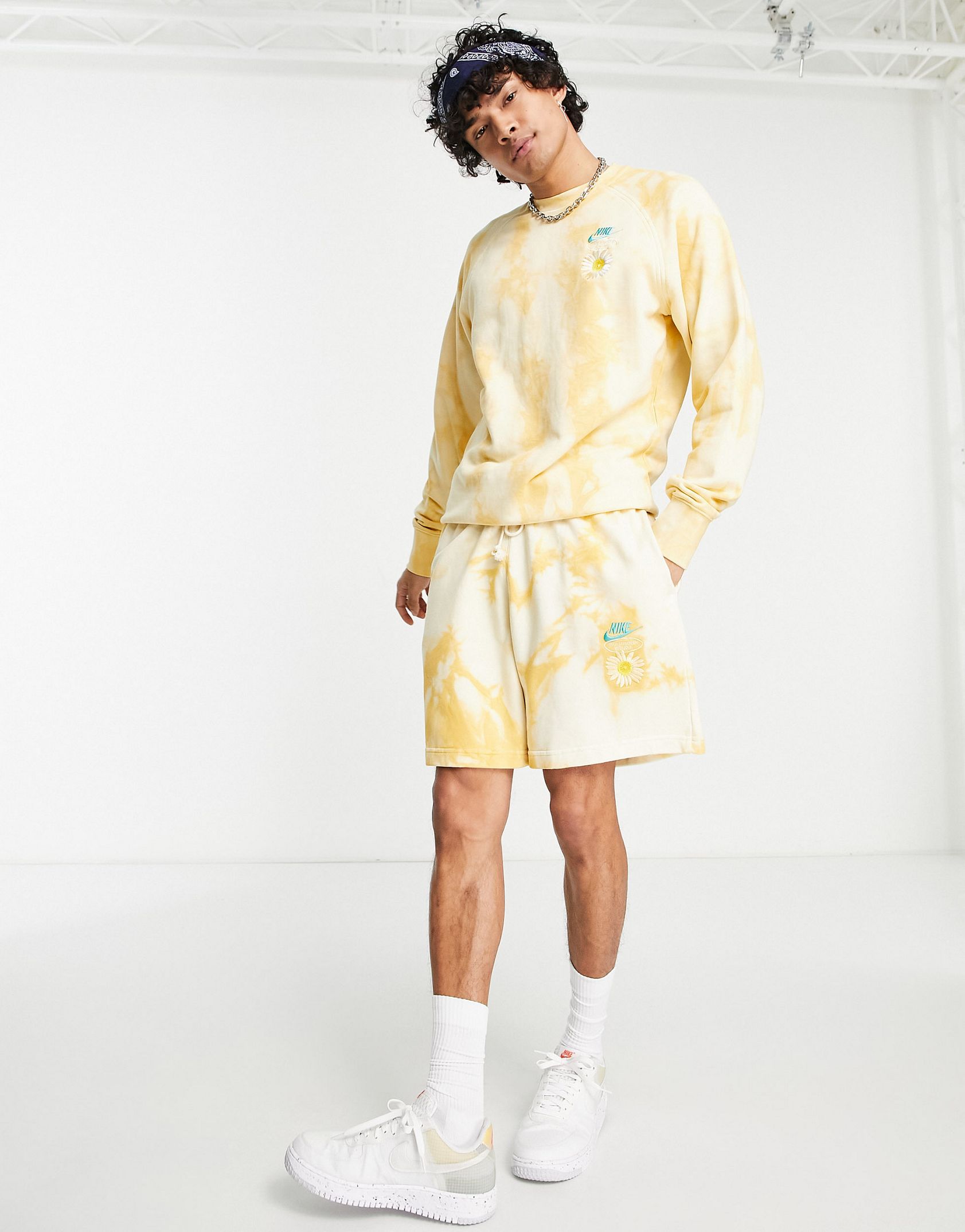 Nike 'Have a Nike Day' embroidered tie-dye sweat shorts in washed gold
