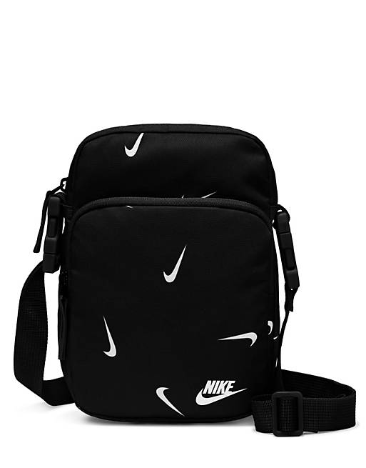 Nike Heritage cross body flight bag in black with mini swoosh all over print