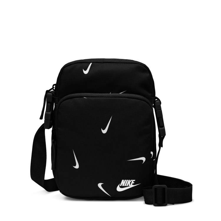 Nike Heritage cross body flight bag in black with mini swoosh all over print