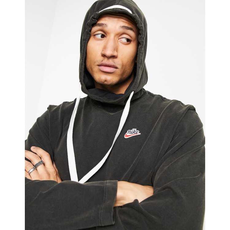 Nike Heritage Essentials washed woven double pocket hoodie in black ASOS