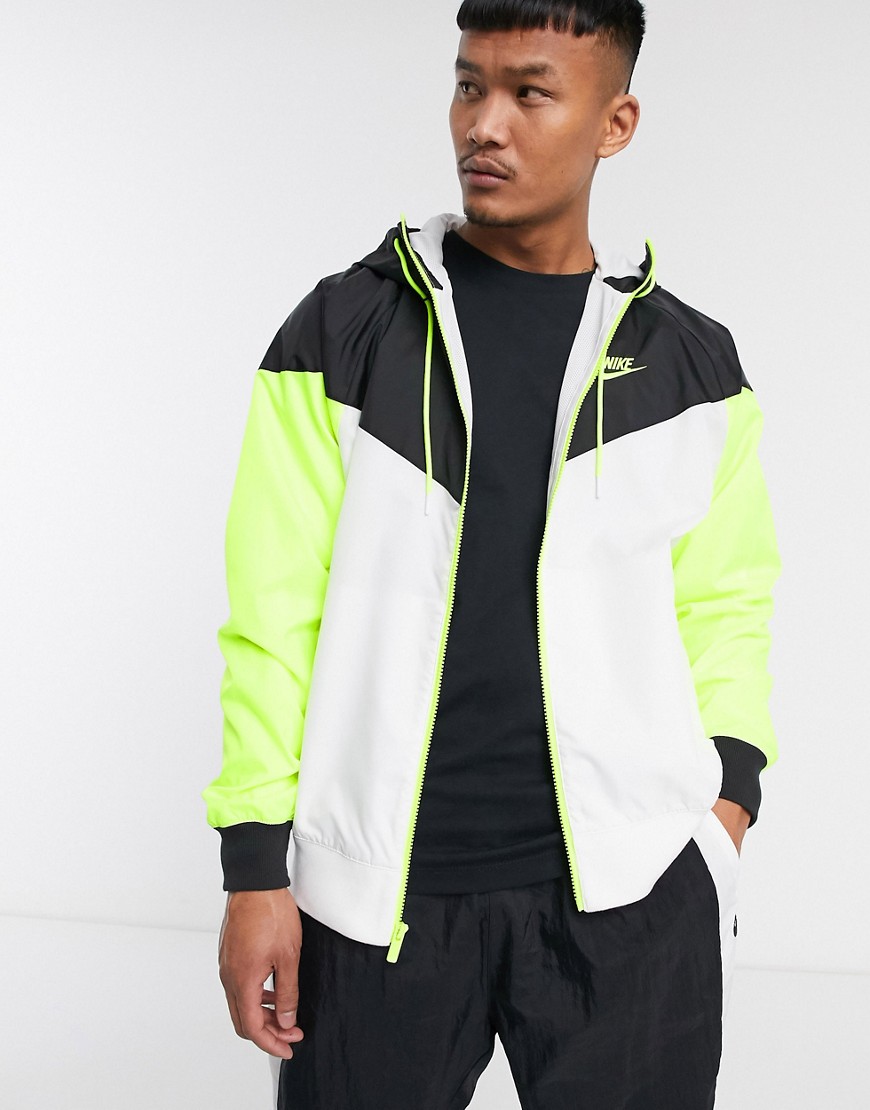 Nike Heritage Essentials Windrunner hooded zip-through track jacket in white/black/volt