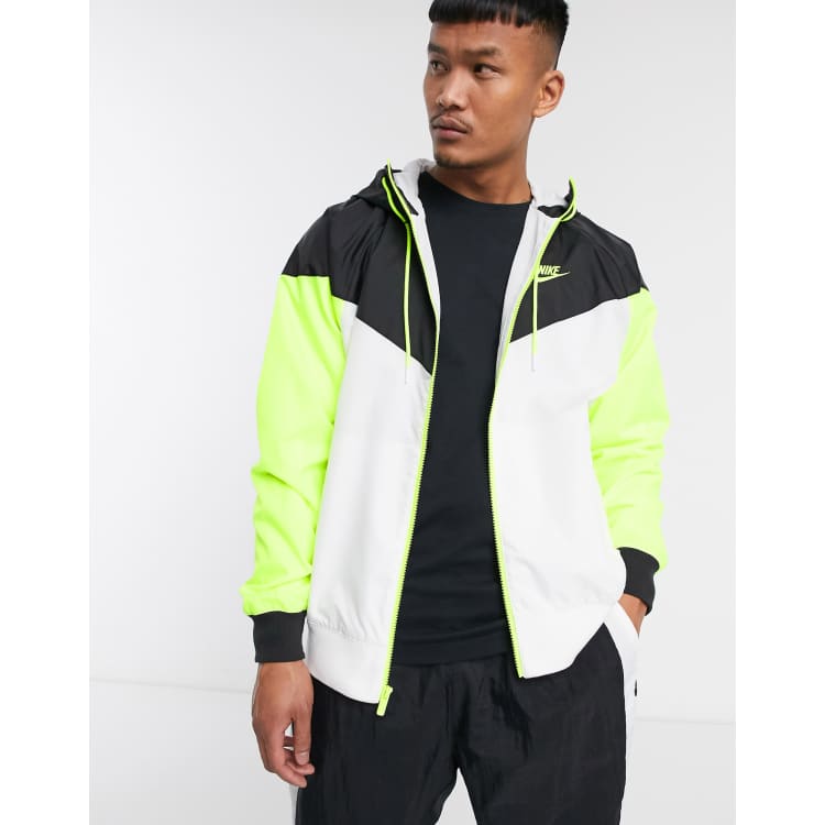 Nike Heritage Essentials Windrunner hooded zip through track jacket in white black volt