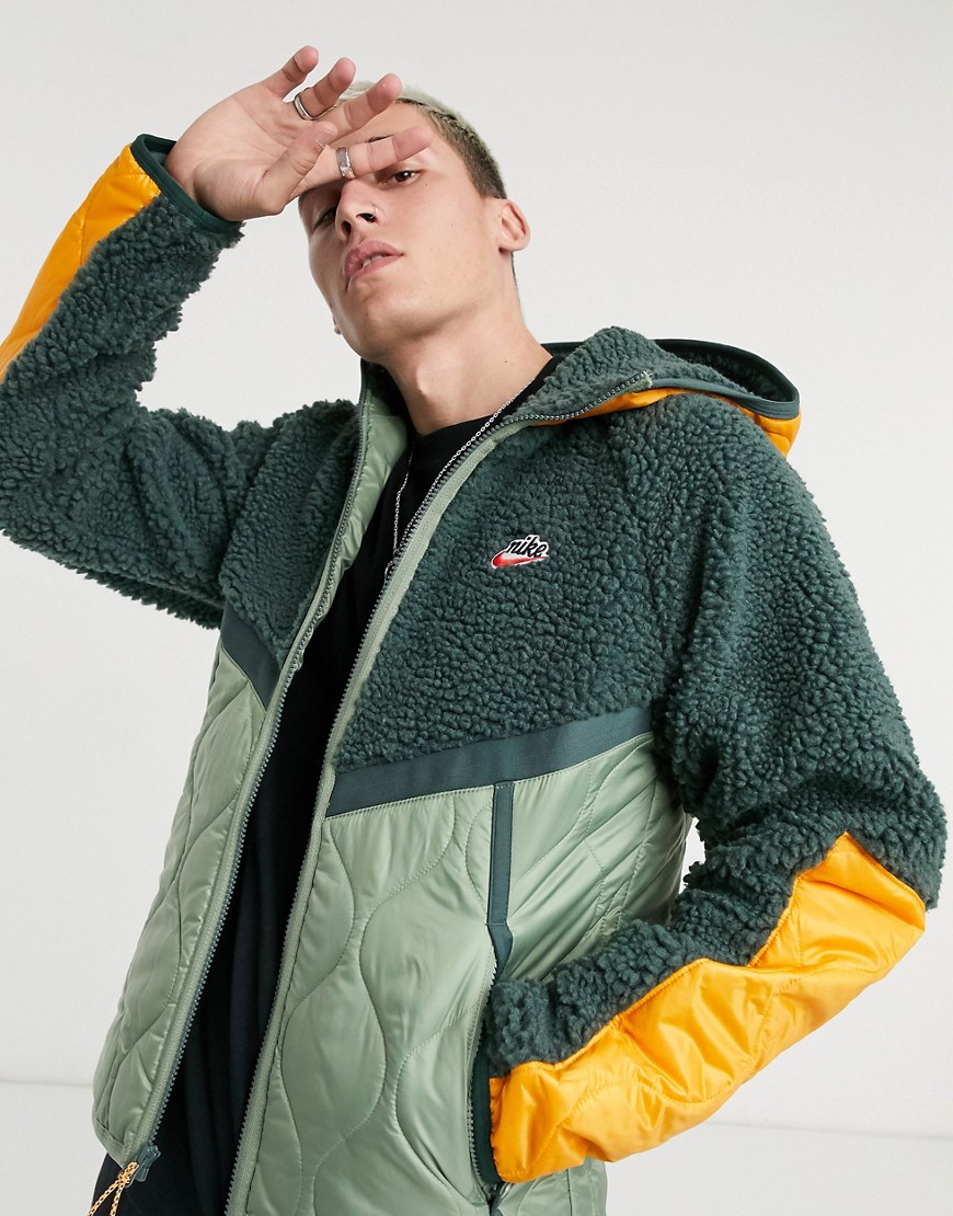 Nike Heritage Essentials Winter fleece panelled zip-through hooded jacket in green
