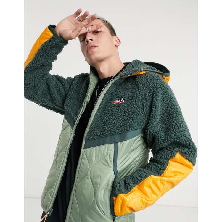 Nike Heritage Essentials Winter fleece panelled zip through hooded jacket in green