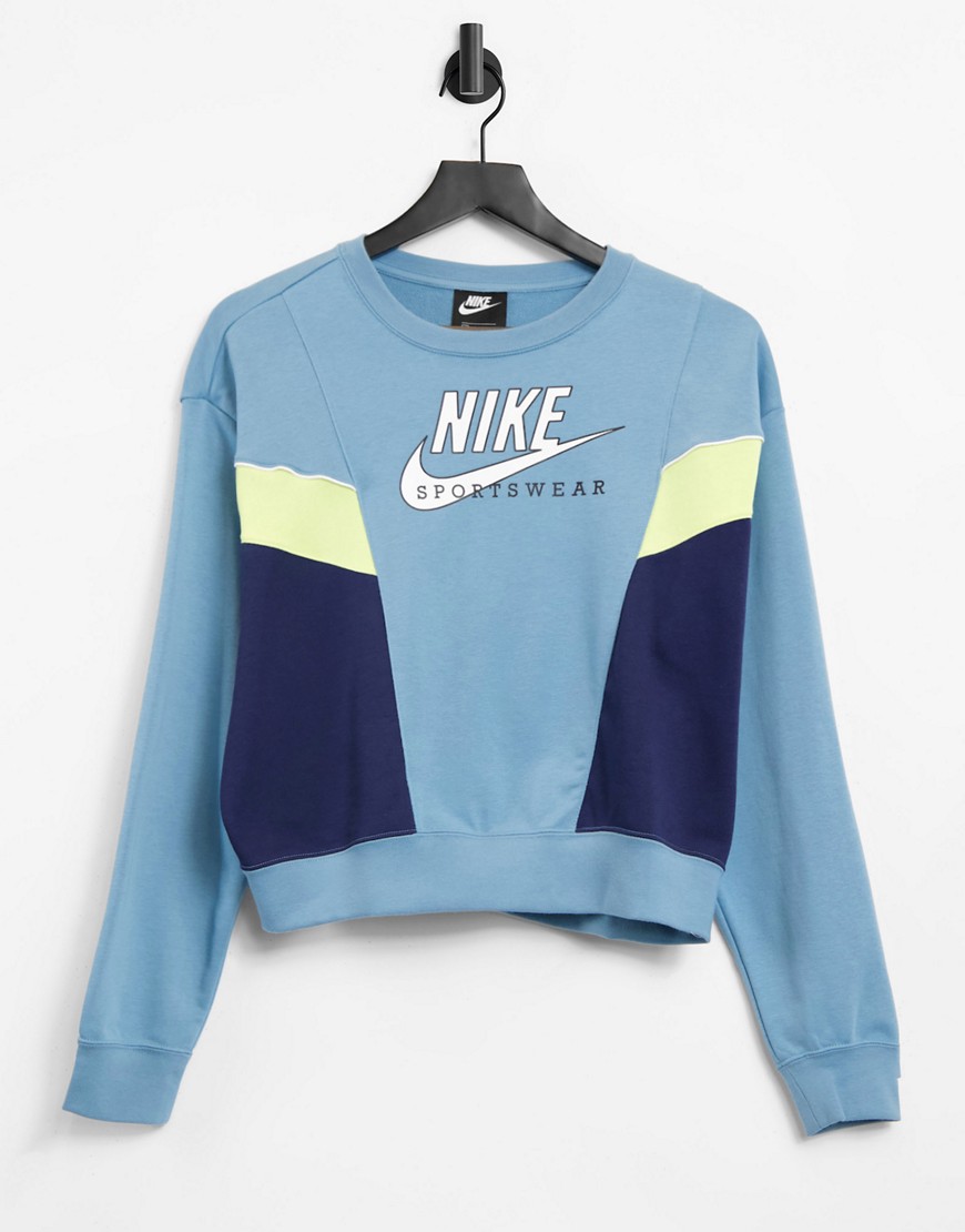 Nike Heritage Fleece Color Block Crew Neck Sweatshirt In Blue-blues