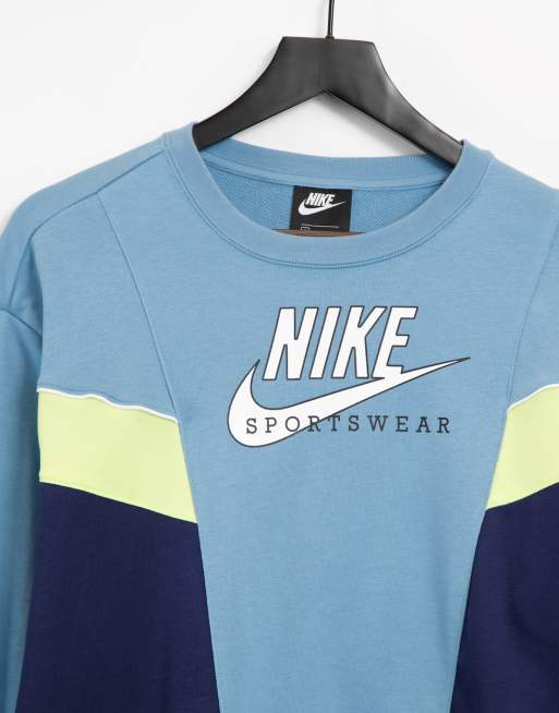 Nike Heritage fleece color block crew neck sweatshirt in blue ASOS