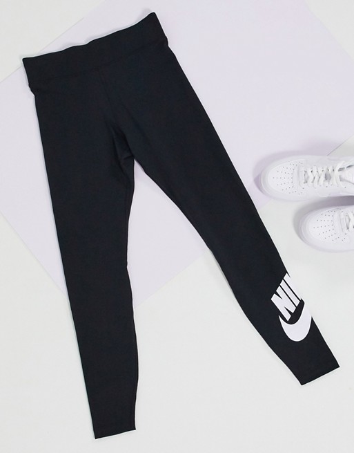 Nike high waisted leggings in black with nike swoosh logo calf print